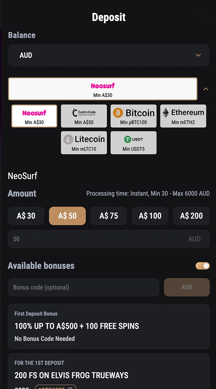 Deposit funds easily and start winning with King Billy.